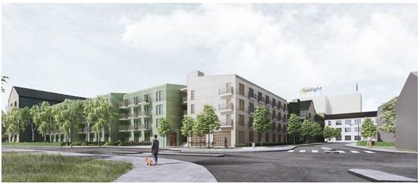 Det nya bostadsområdet med vy från Hemgårdsvägen mot Guldsmedsgatan och med Sunlight i fonden.