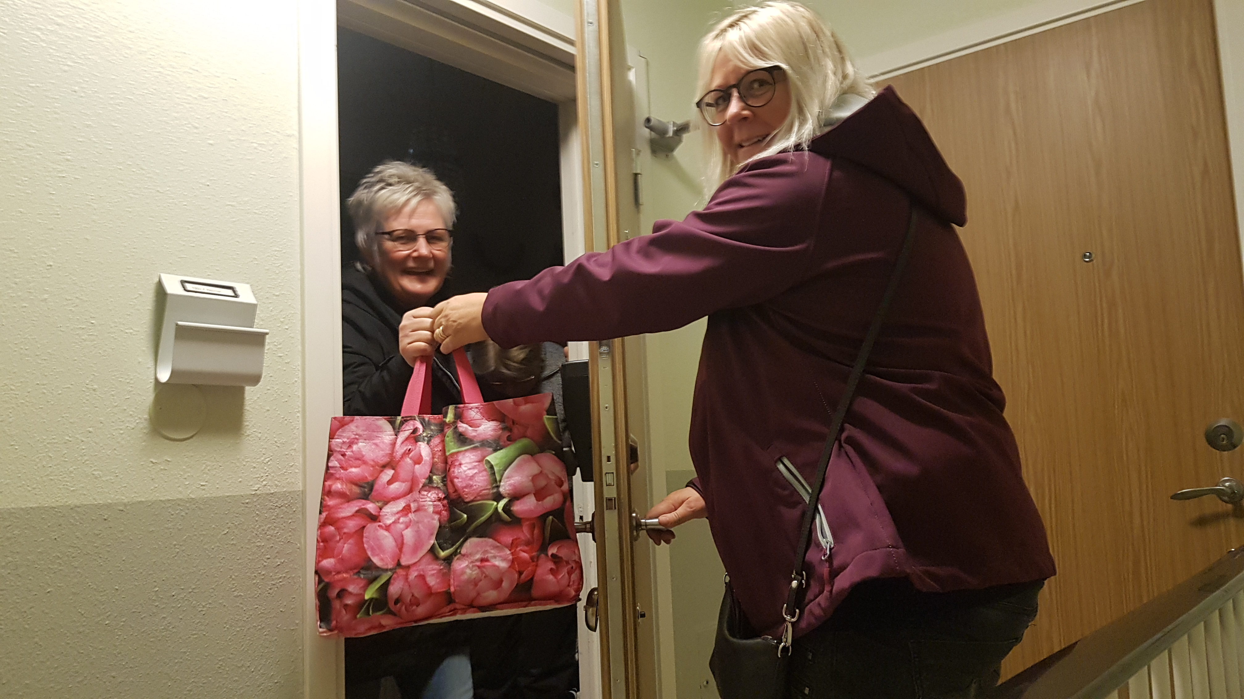 Anst&auml;llda inom dagverksamheten l&auml;mnar en matkasse hos en pension&auml;r.