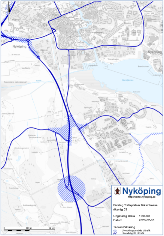 Kommunen anser att riksv&auml;g 53 syd ska kompletteras med en ny planerad trafikplats vid anslutning till Arn&ouml;leden samt en utvidgning av trafikplatsen nordv&auml;st Idb&auml;cken. Dessa ska d&auml;refter ing&aring; i riksintresset.  Kompletteras med karta &ouml;ver f&ouml;rslagna trafikplatser riksintresse v&auml;gtrafik riksv&auml;g 53.