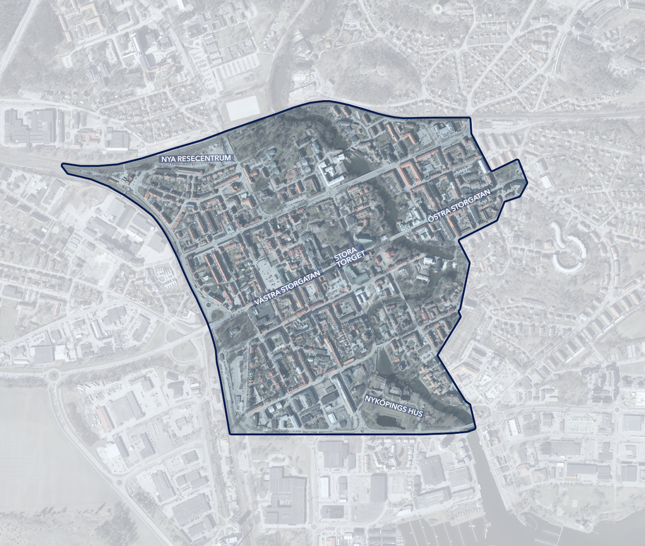 Kartvy över vad som ingår i stadskärnan