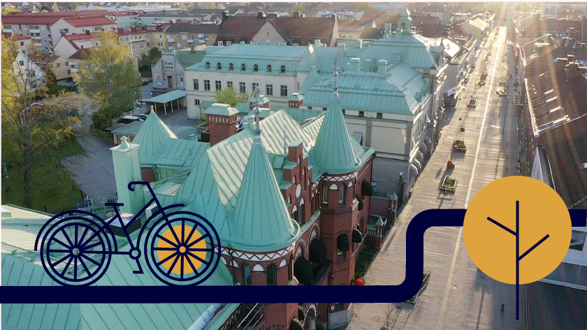 Stadskärnan ovanifrån plus illustration på cykel och träd